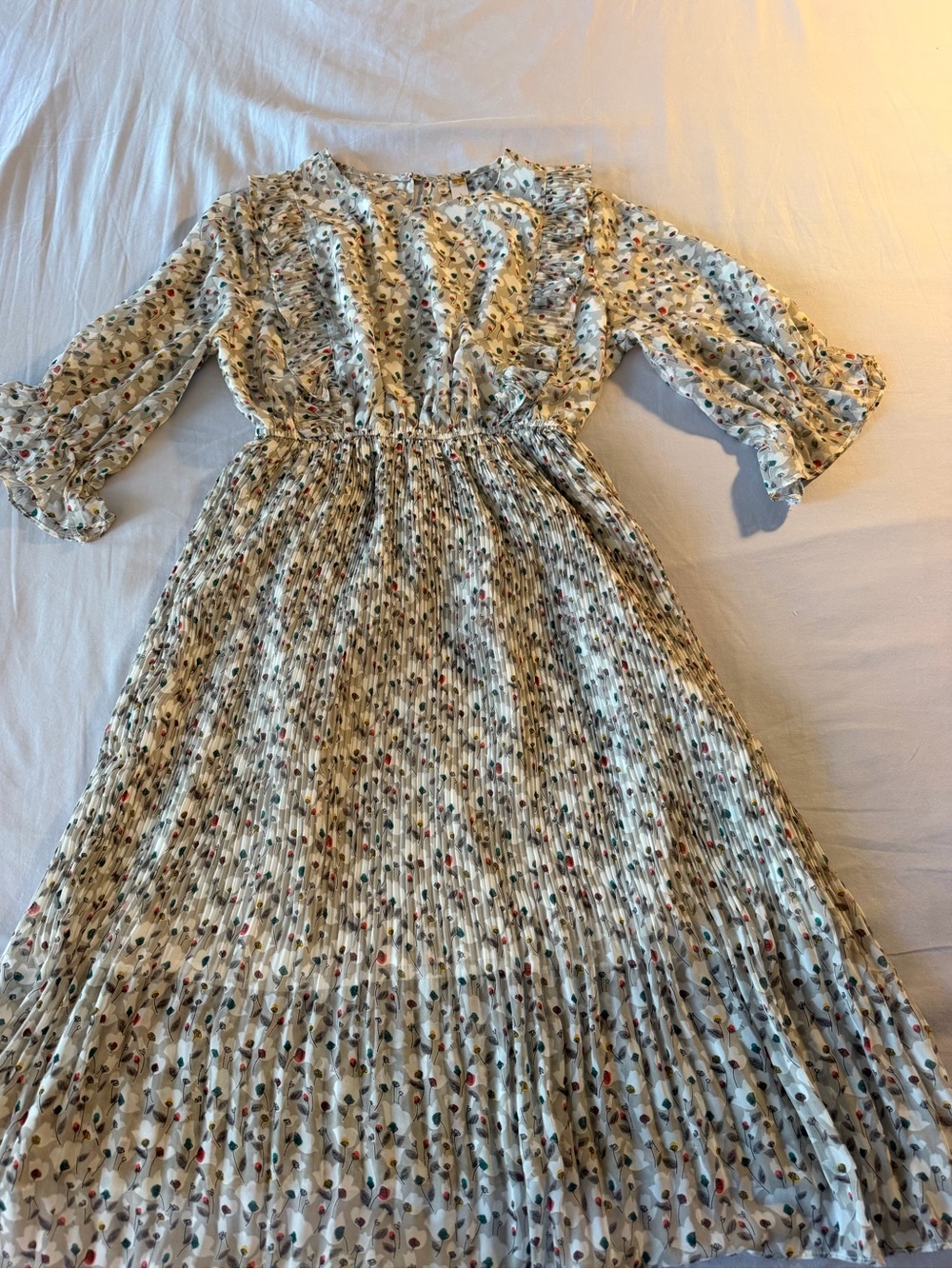 Pleated Floral Midi Dress in Cream with Multicolor Dots